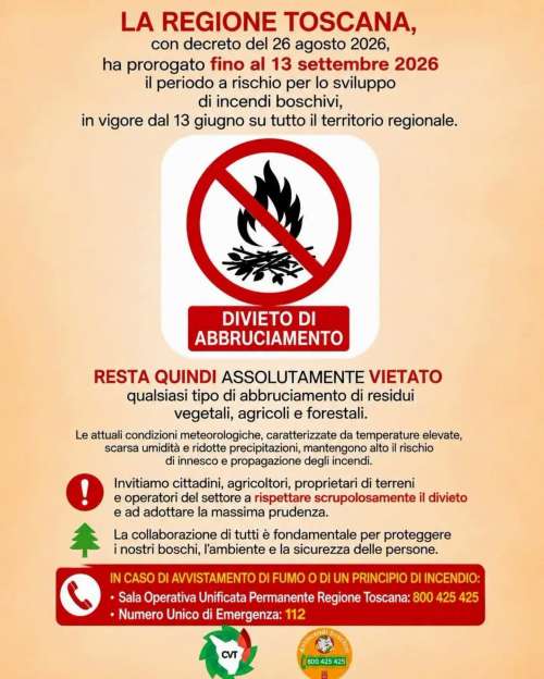 Prorogato il periodo a rischio incendi boschivi in Toscana 